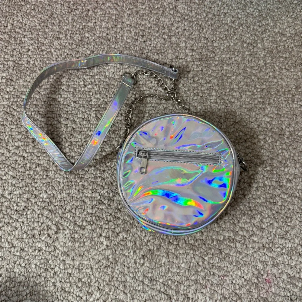 Kids Iridescent Silver Rocket Ship Glitter Crossbody Bag Circle Purse